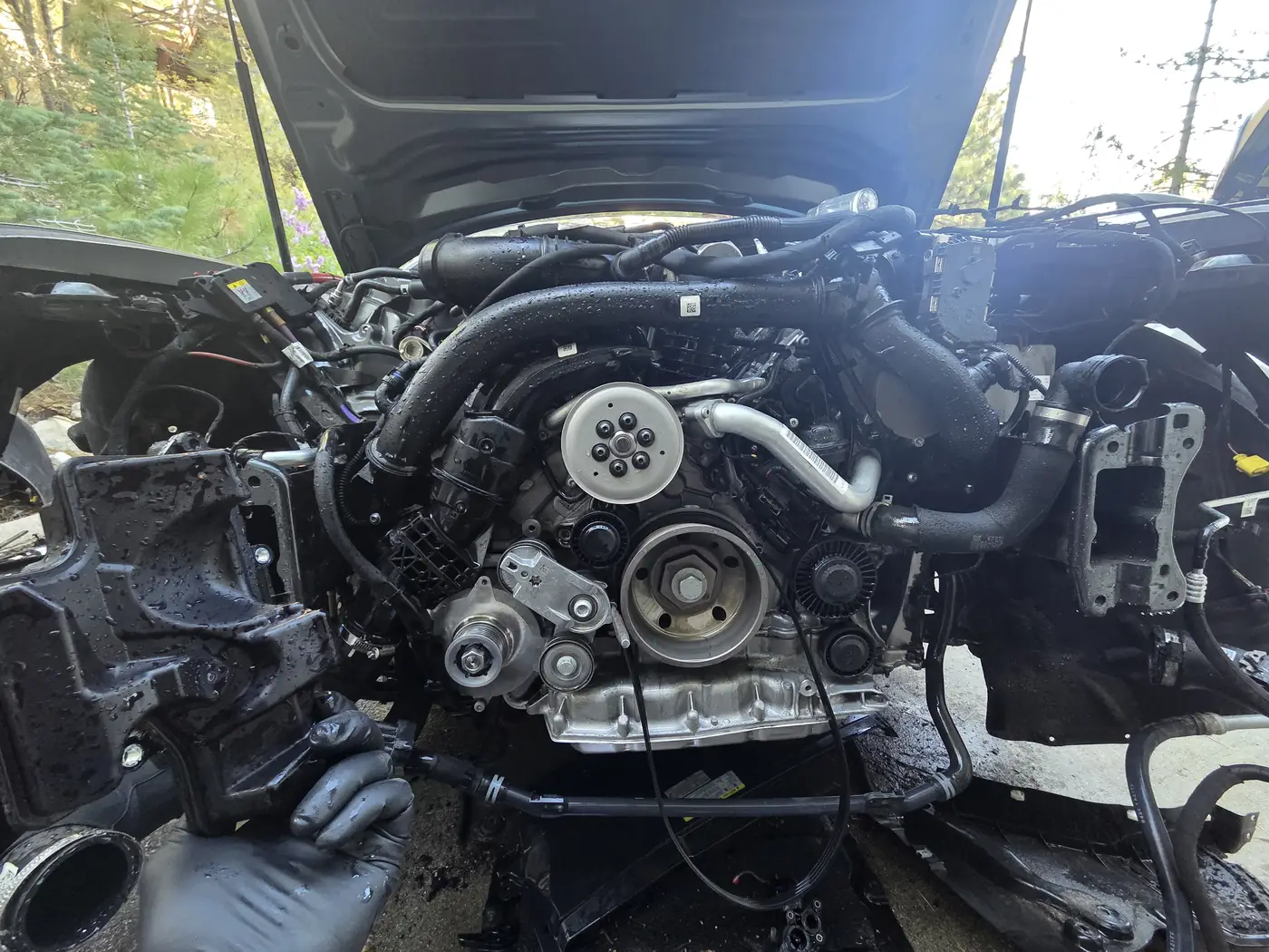 A car with its front end removed in a driveway, the engine's front cover, pulleys and hoses showing, pine trees behind